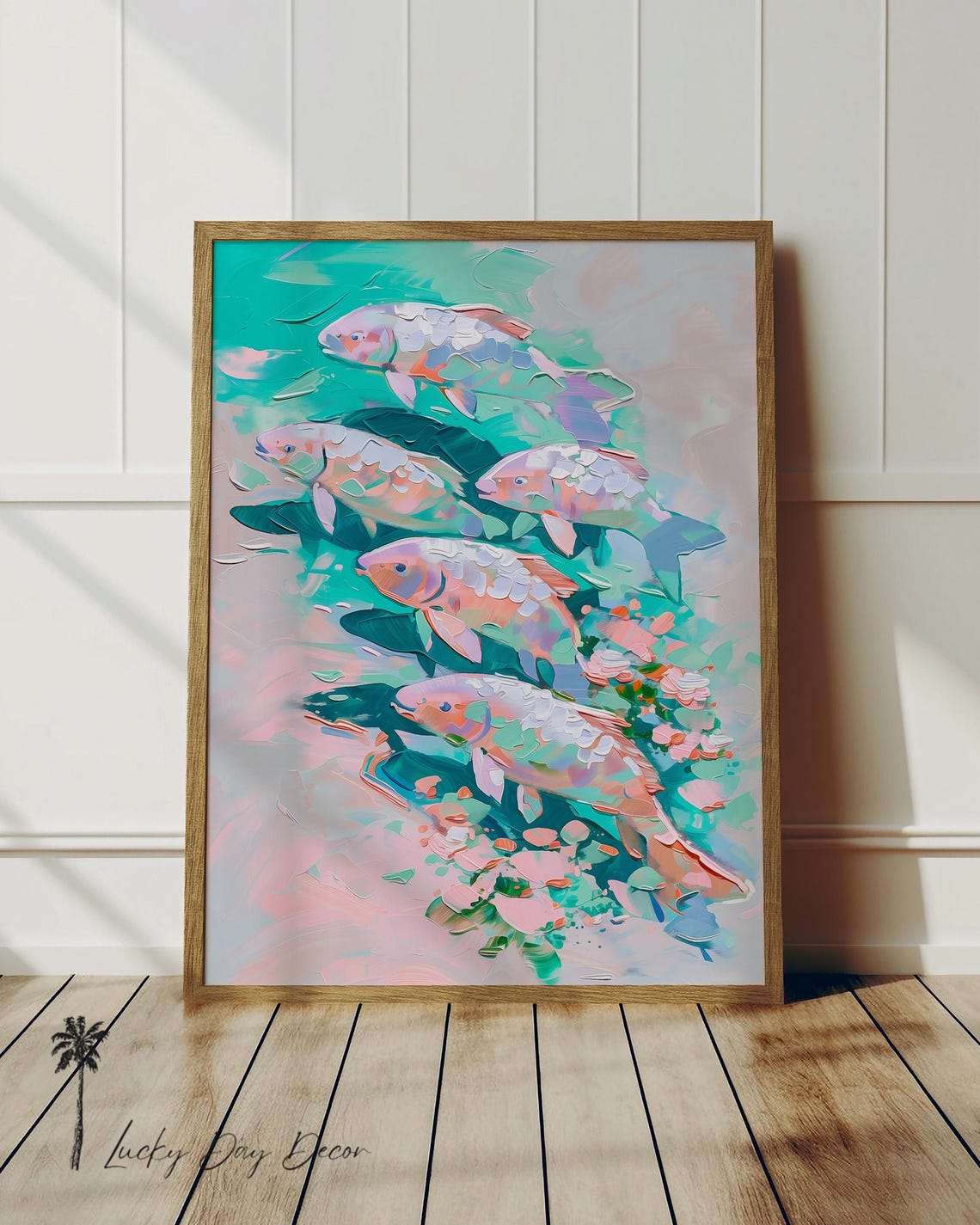 Five Koi Fish Swimming Pastel Turquoise Impasto Painting Art Poster