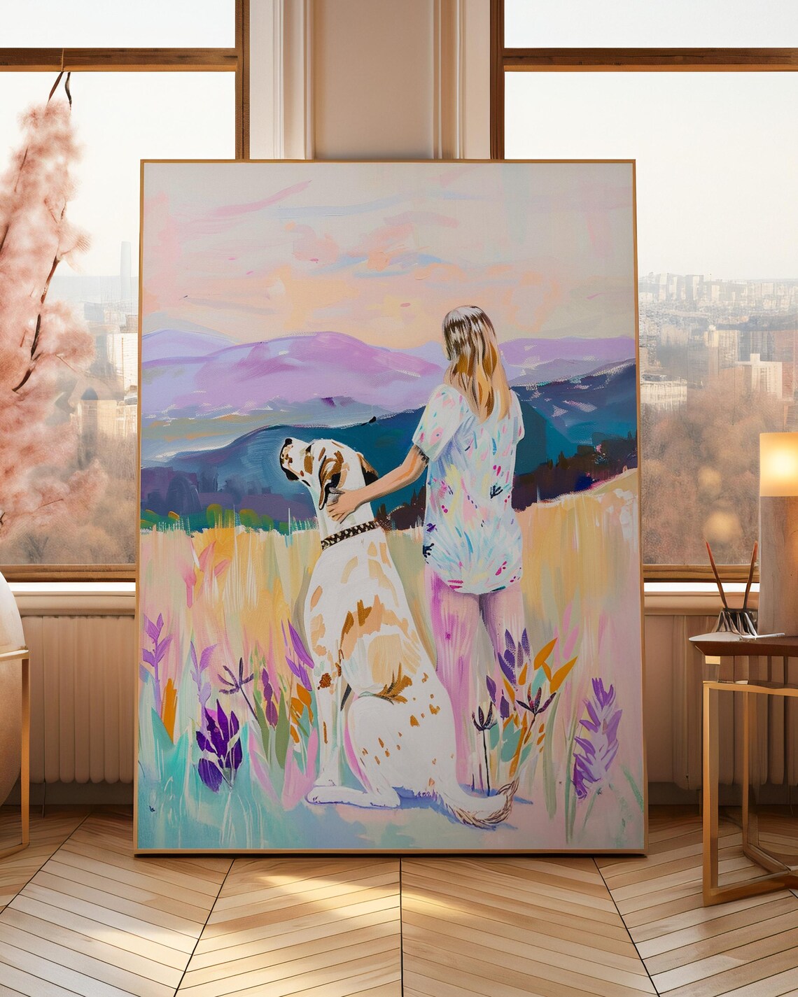 Dog Mom Pastel Painting Colorful Country Artwork Best Friends In Countryside Field Relaxing Peaceful Art Lovable Watercolor Print