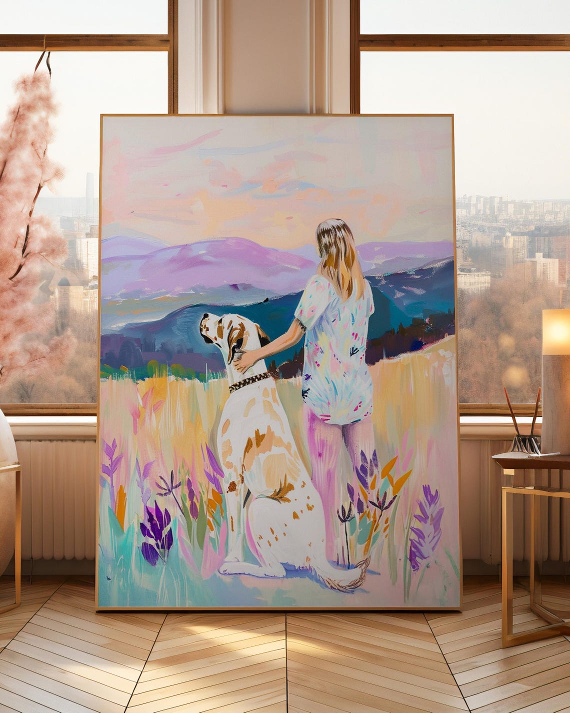 Dog Mom With Spotted Dog Overlooking Mountain Meadow Wall Art