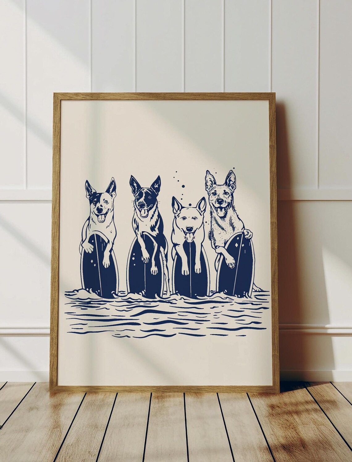 Four Happy Dogs on Surfboards Navy Line Art Beach Buddy Poster