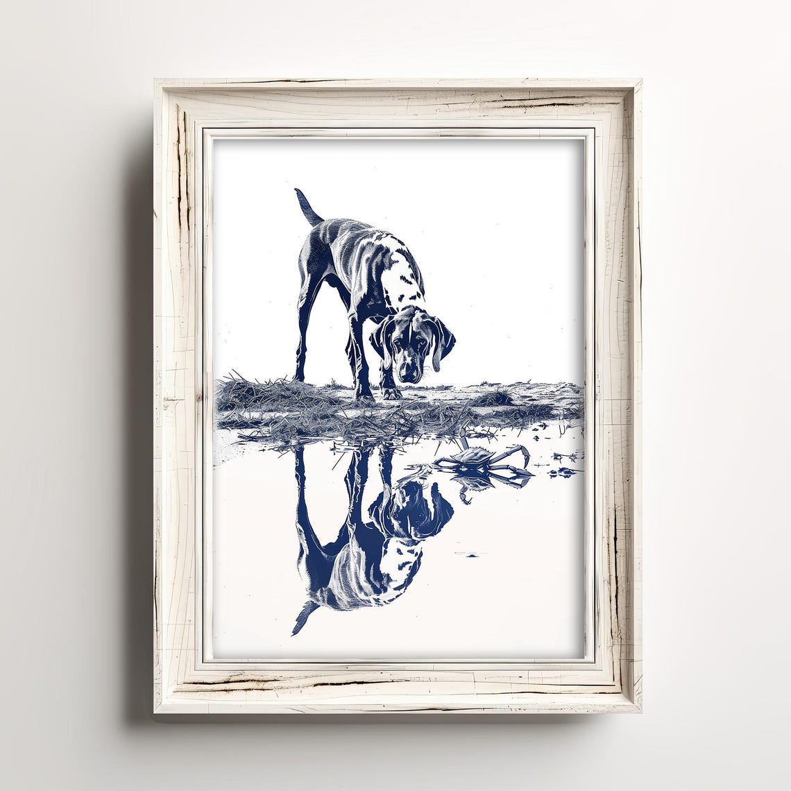 Spotted Pointer Dog Sniffing Water Reflection Crab Coastal Art Print