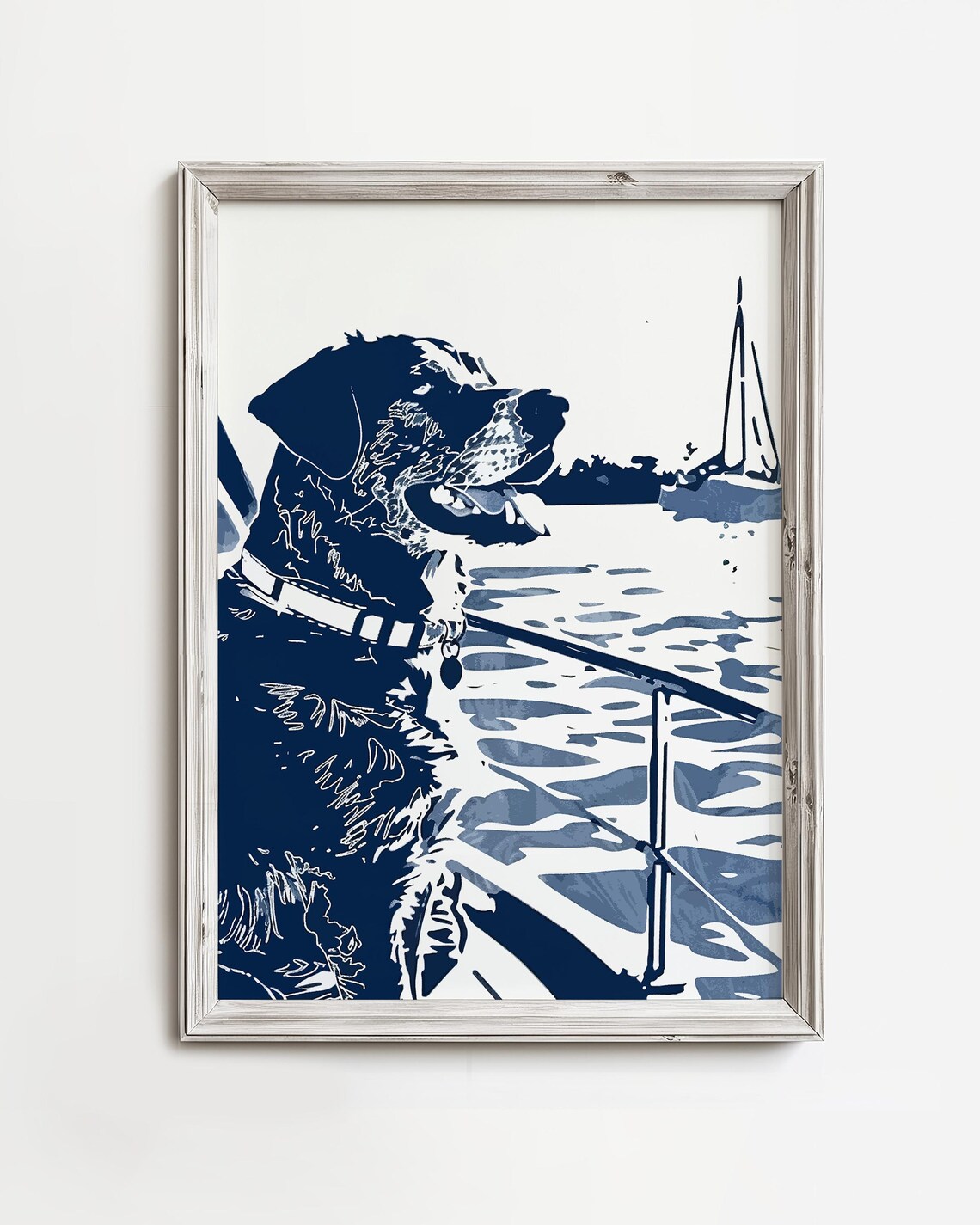 Dog On Sailboat Navy Blue Sketch Coastal Sailing Dog Art Poster