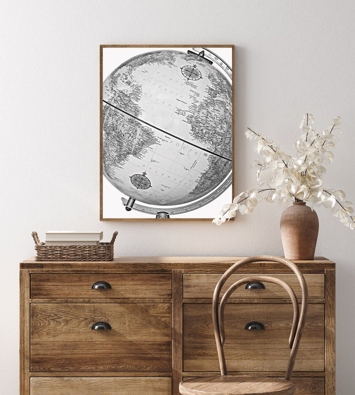 Vintage Desk Globe Old World Map Black and White Travel Poster - Image 4
