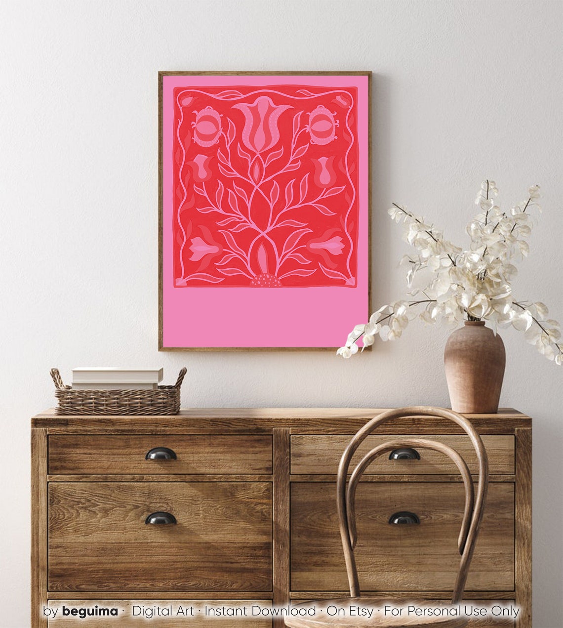 Pink Red Folk Floral Abstract Flower Painting Retro Botanical Poster - Image 4