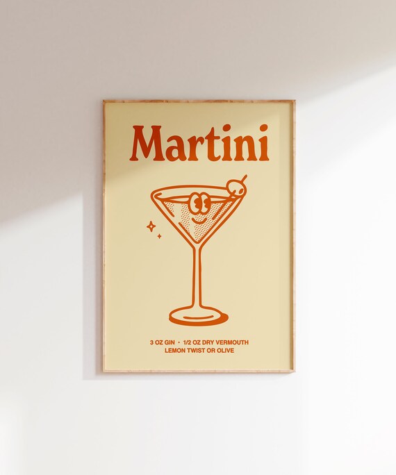 Martini Cocktail Recipe Olive Retro Illustration Home Bar Poster