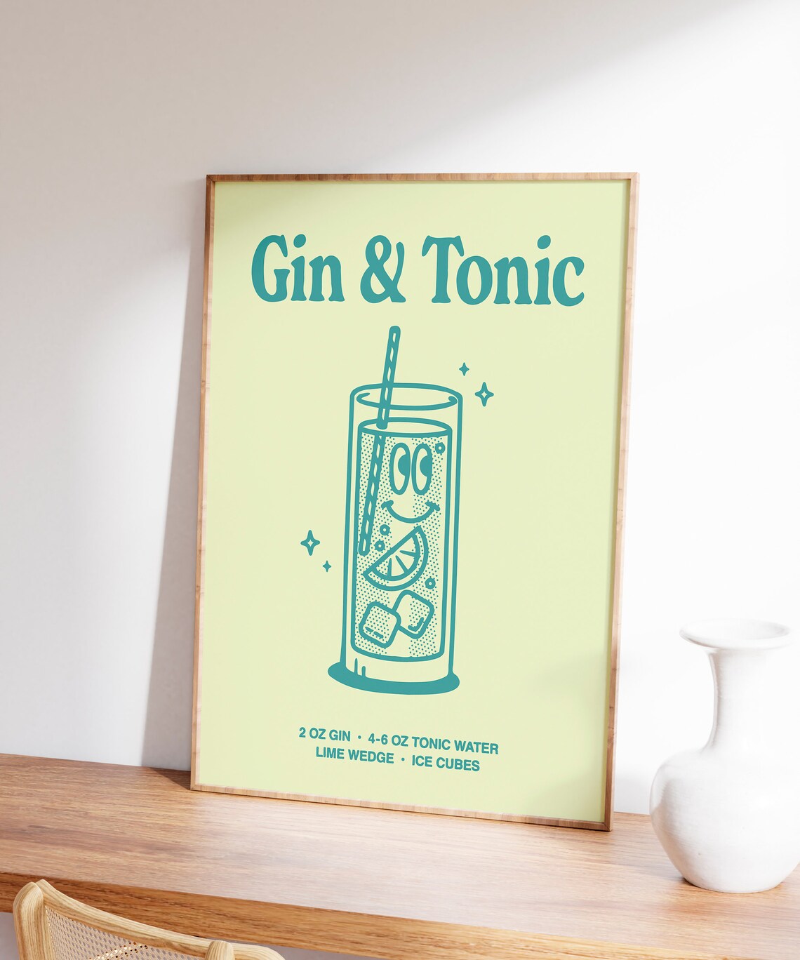 Gin and Tonic Cocktail Recipe Retro Teal Bar Cart Kitchen Wall Art - Image 5