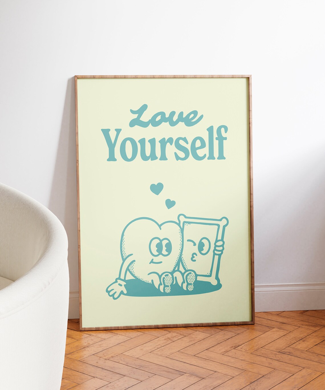 Love Yourself Teal Heart Quote Cute Retro Self Care Wall Art - Image 3