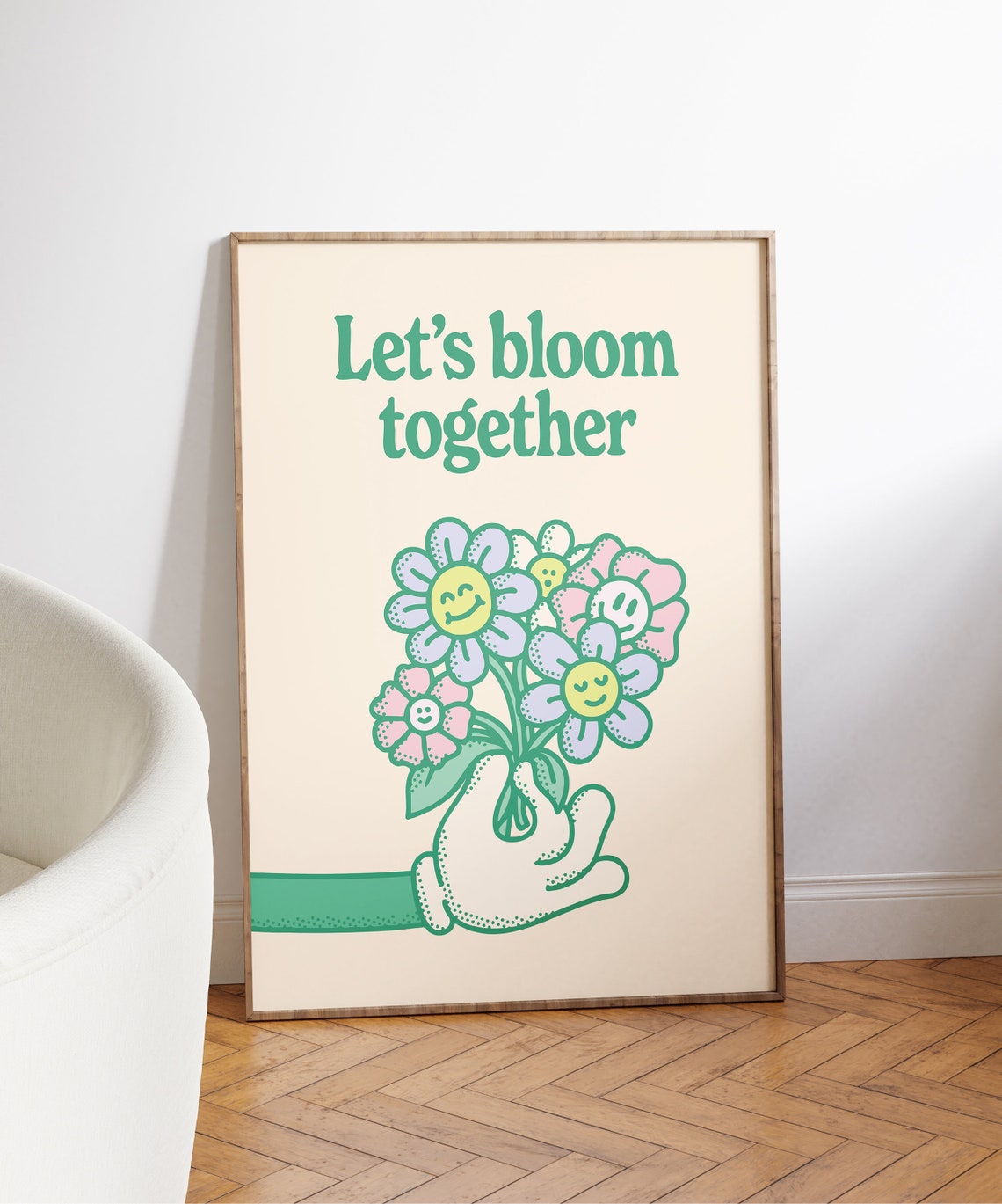 Let's Bloom Together Retro Smiling Flower Bouquet Wall Art Decor - Image 4