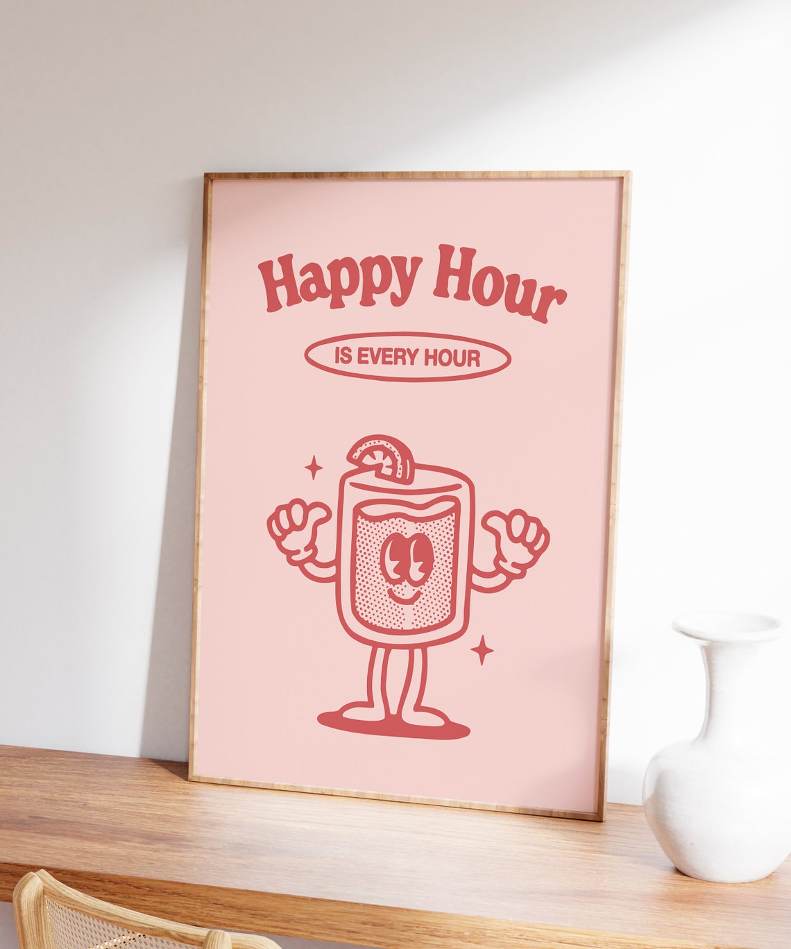 Happy Hour Is Every Hour Cocktail Glass Mascot Pink Retro Poster - Image 6