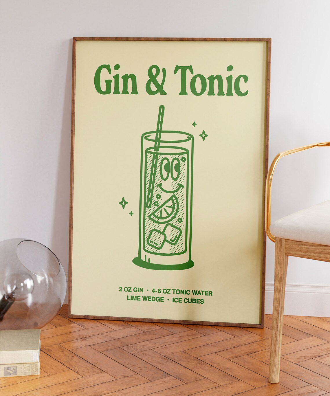 Gin and Tonic Cocktail Recipe Green Line Art Bar Cart Poster - Image 7