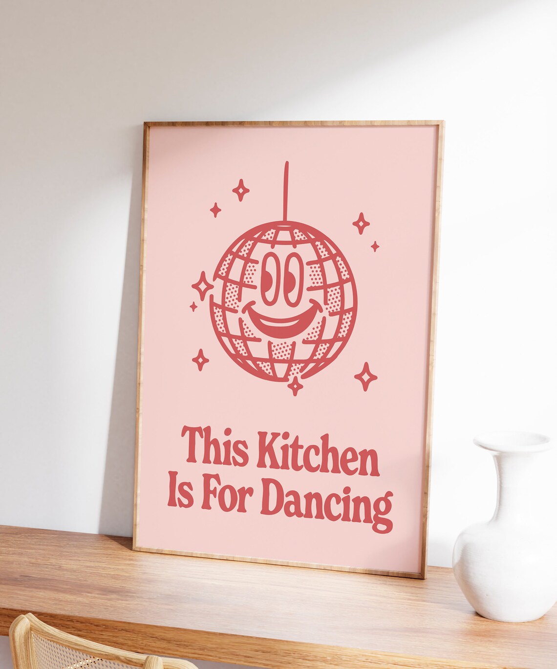 This Kitchen Is For Dancing Coral Pink Smiling Disco Ball Retro Quote Poster - Image 7