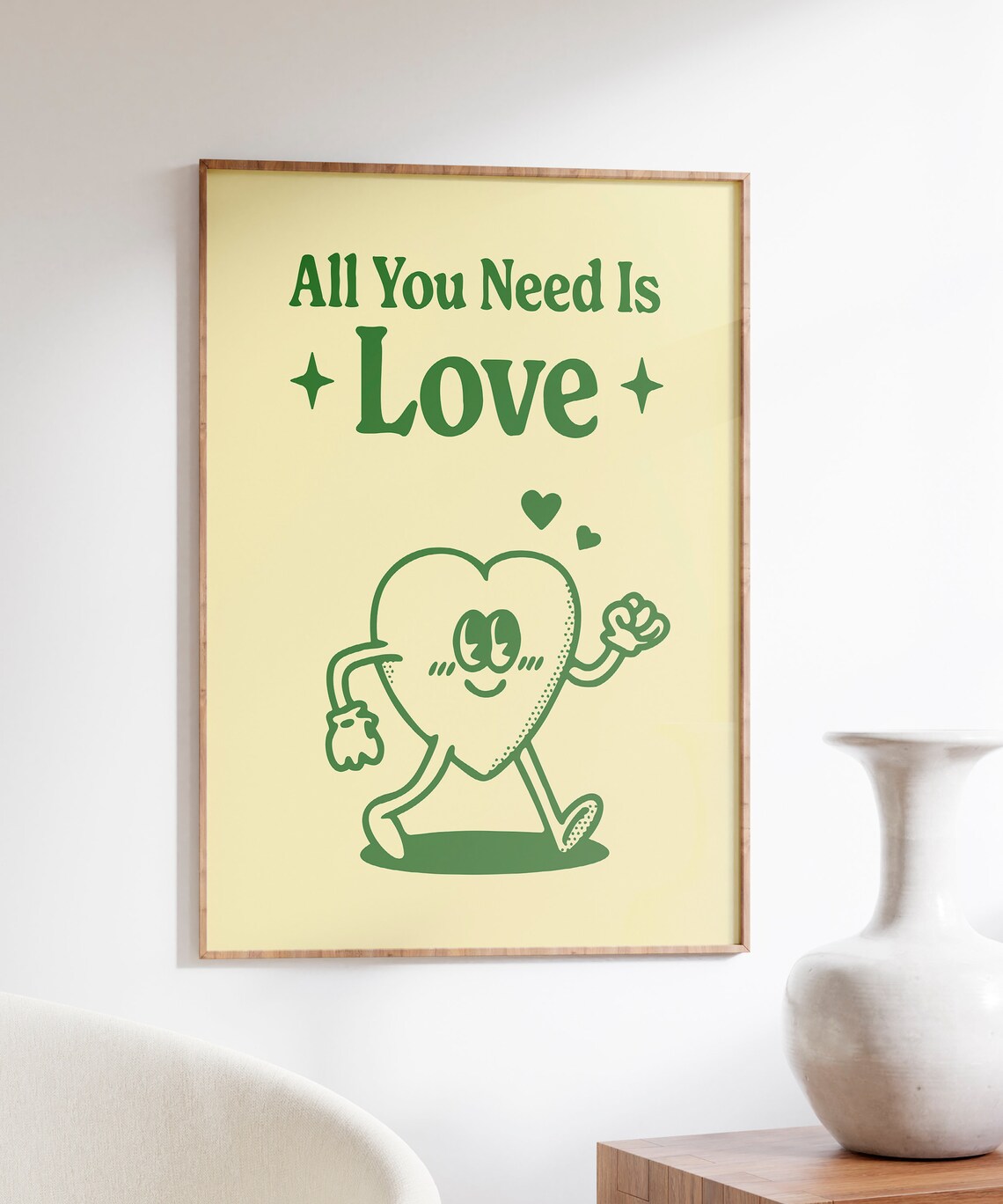 All You Need Is Love Cute Green Heart Retro Cartoon Quote Poster - Image 4