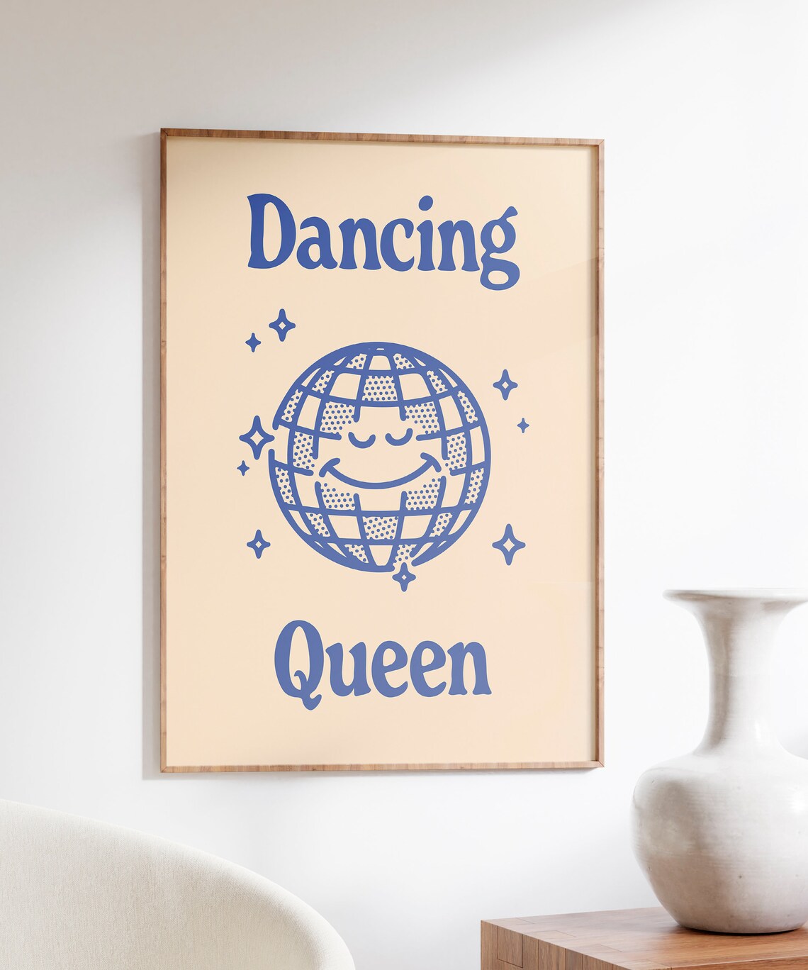 Dancing Queen Blue Smiling Disco Ball Retro 70s Party Quote Poster - Image 4