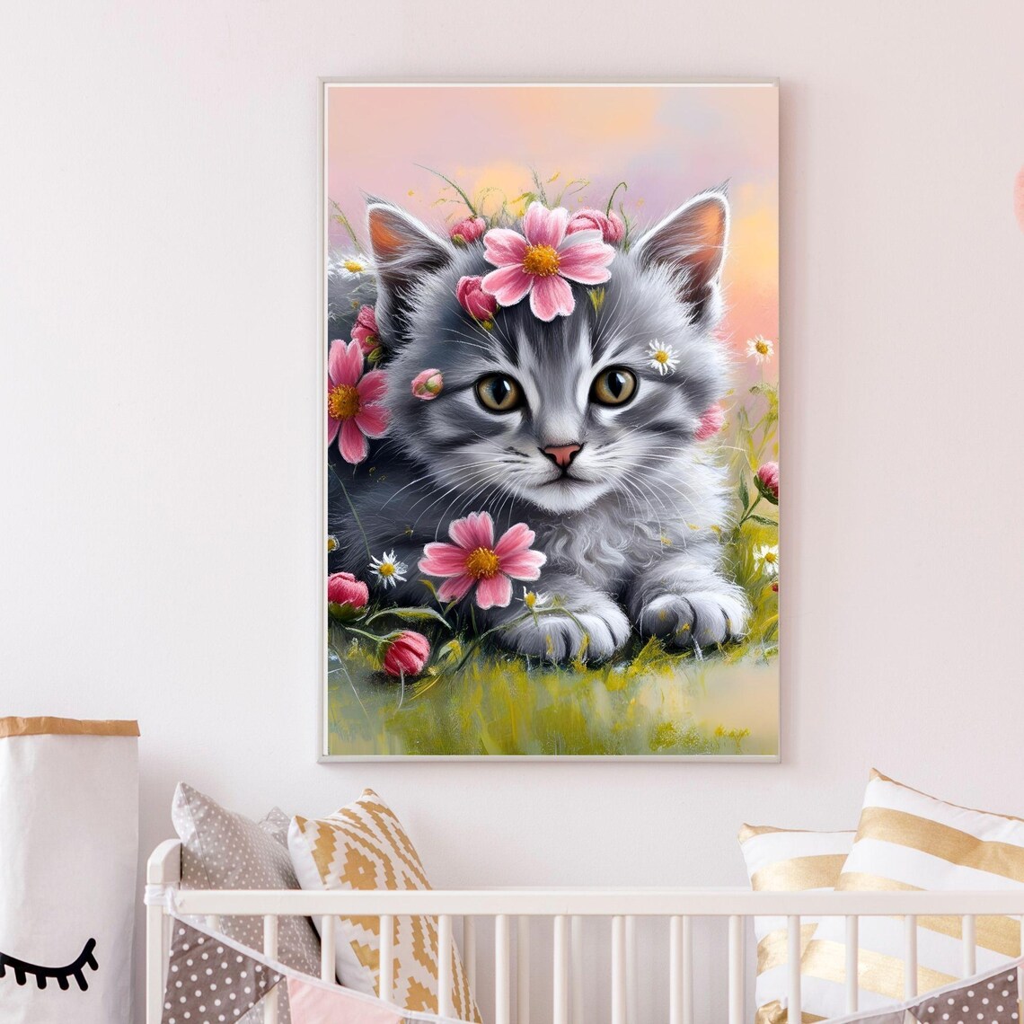 Floral Kitten Art Print, Whimsical Nursery Decor - Image 3