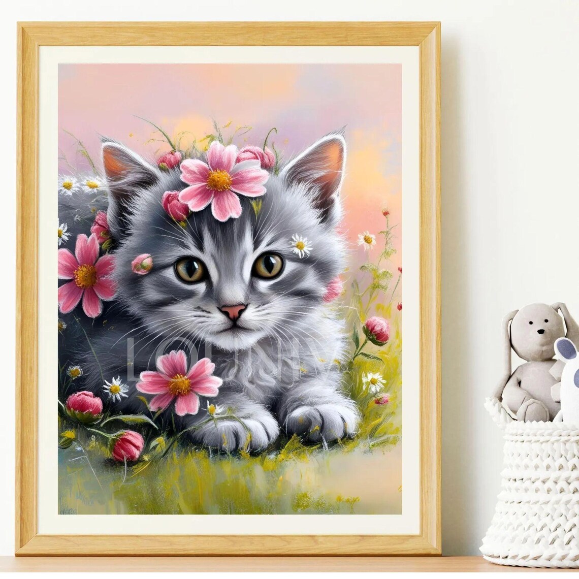 Floral Kitten Art Print, Whimsical Nursery Decor