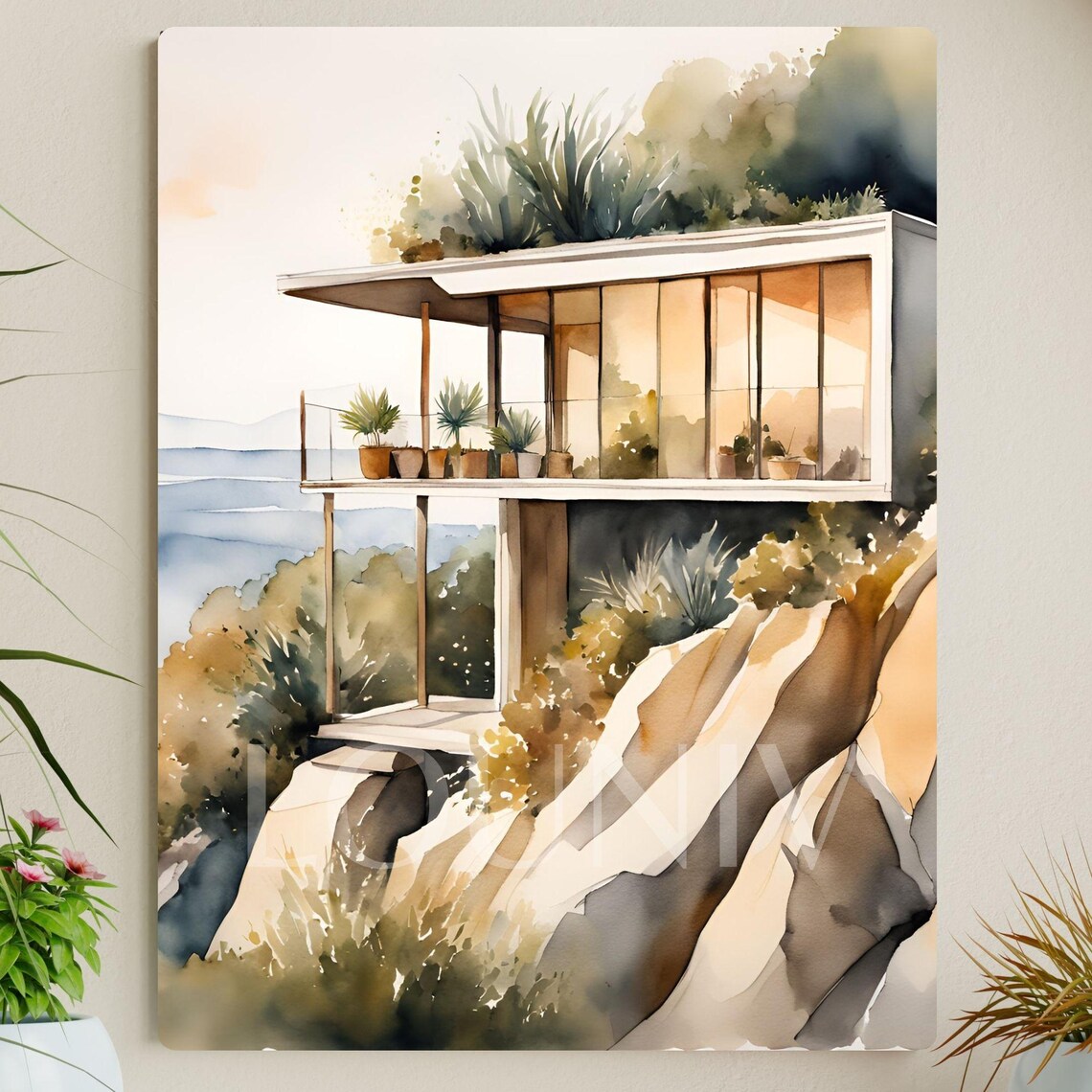 Modern Cliffside Home Watercolor Minimalist Landscape