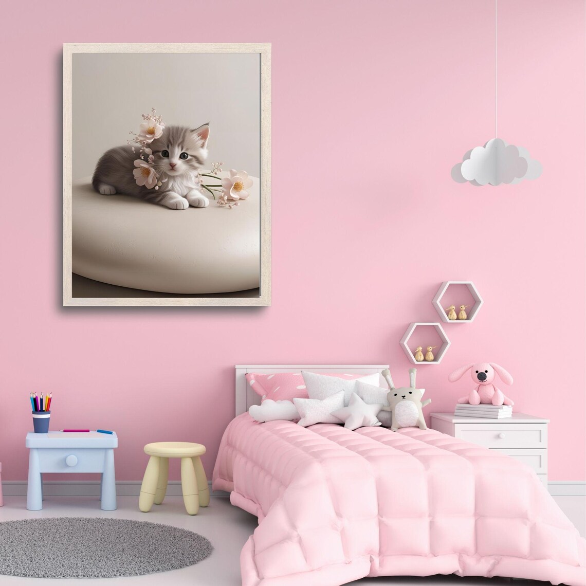 Minimalist Gray White Kitten Lying With Cherry Blossom Flowers Poster - Image 2