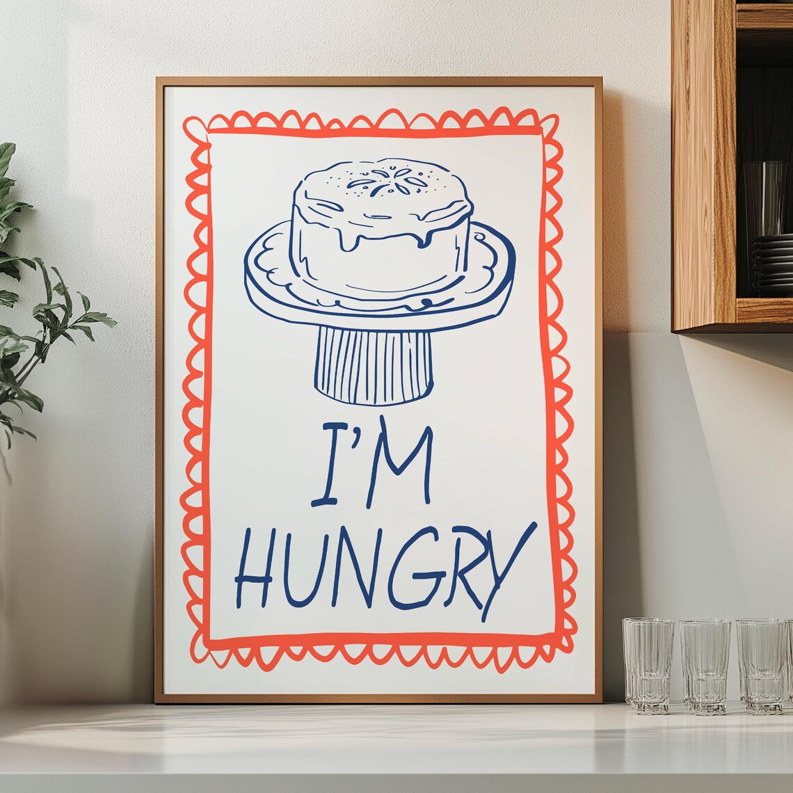 Im Hungry Pie Illustration Navy Orange Funny Kitchen Food Poster