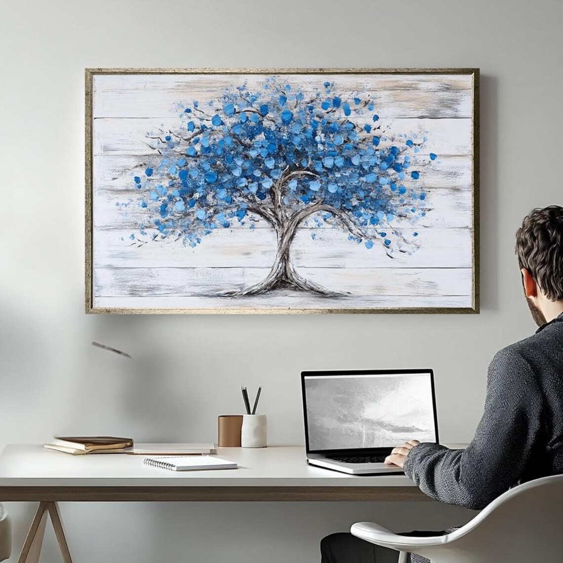 Modern Blue Tree Palette Knife Painting, Abstract