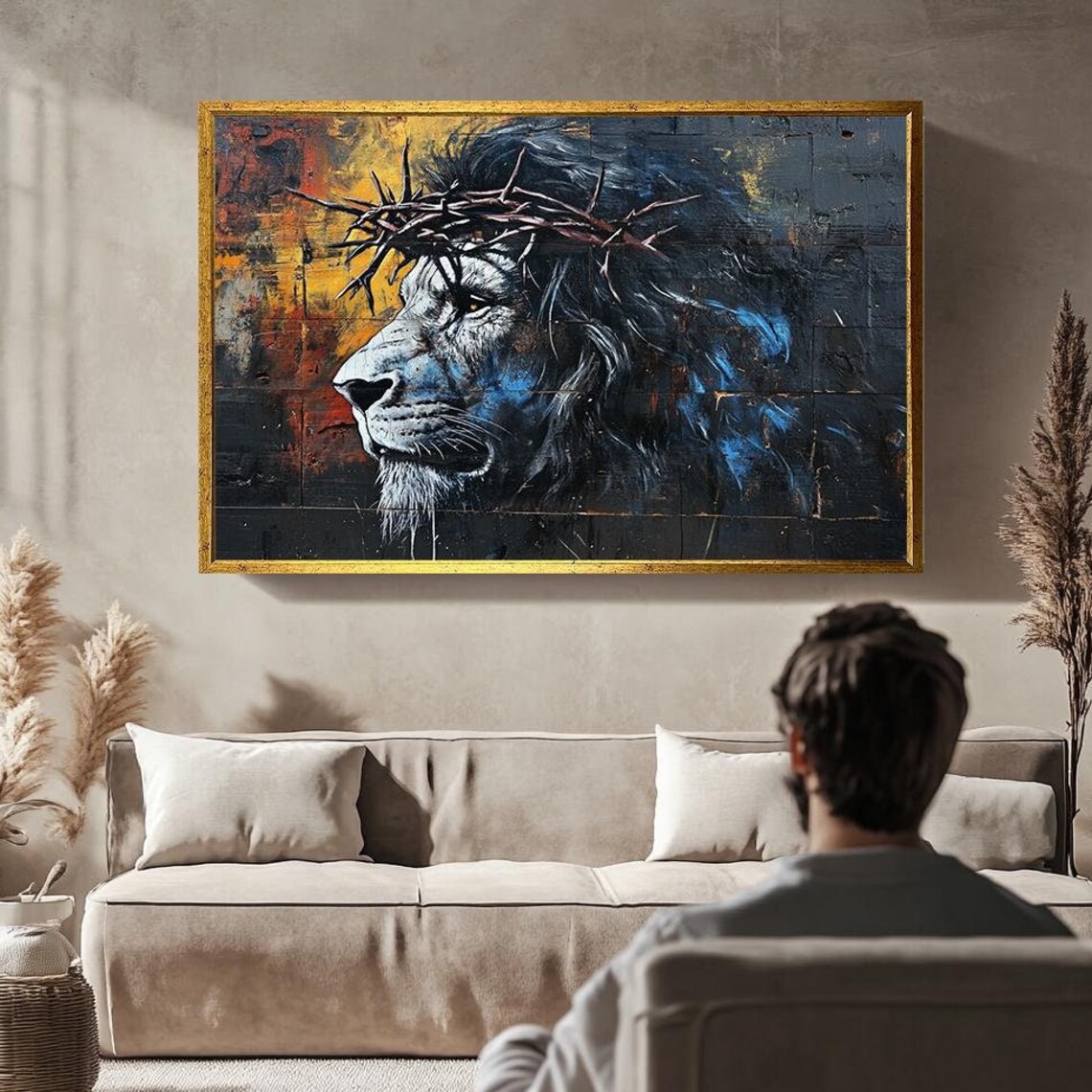 Lion Wall Art Christian Decor Lion With Crown Of Thorns Painting Spiritual Animal Graffiti Mural Religious Street Art Print
