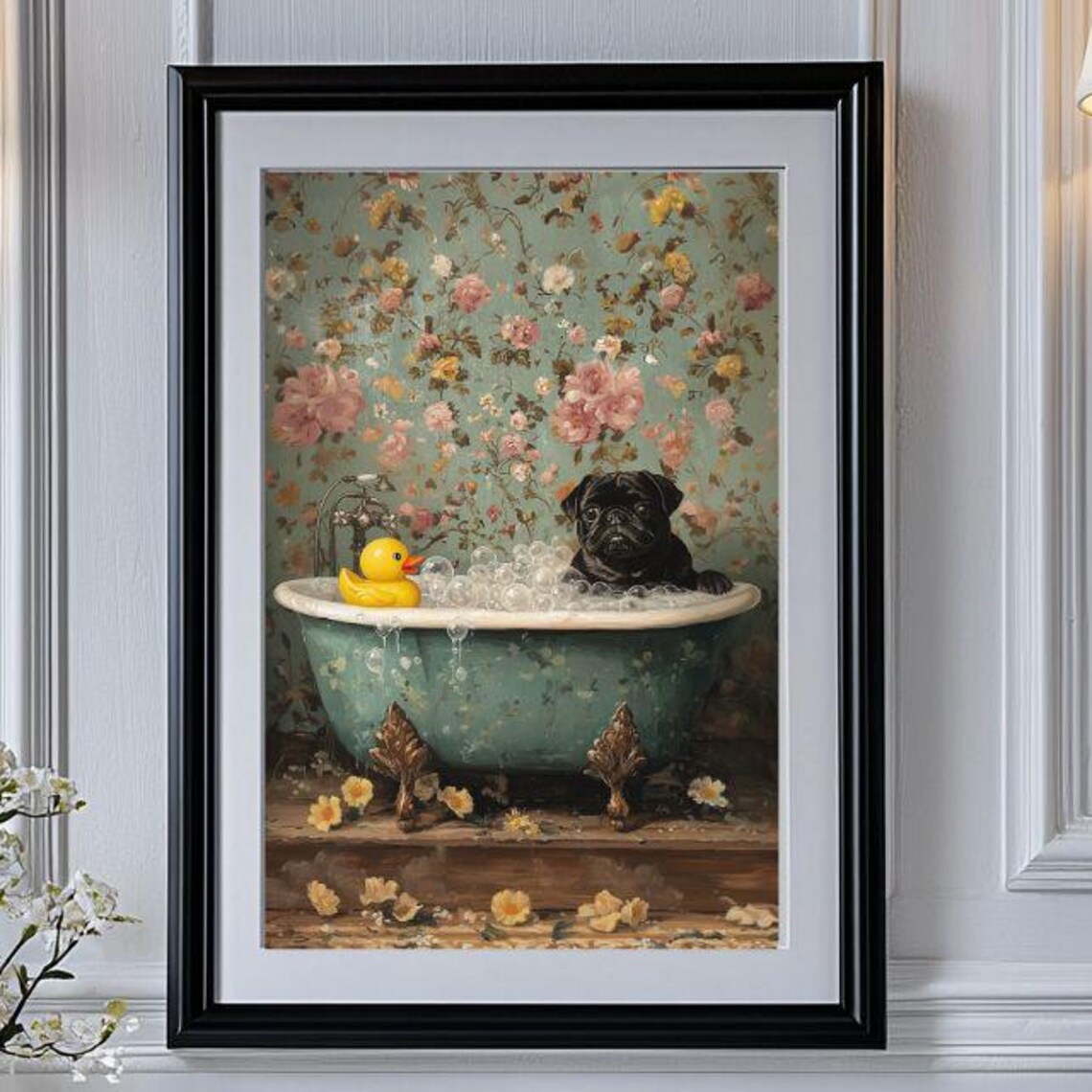 Black Pug And Rubber Duck In Bathtub Art Print