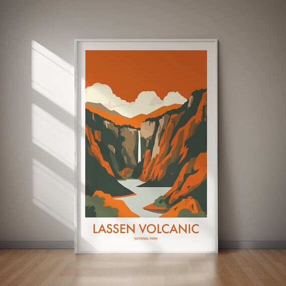 Lassen Volcanic National Park Waterfall Canyon Retro Travel Poster