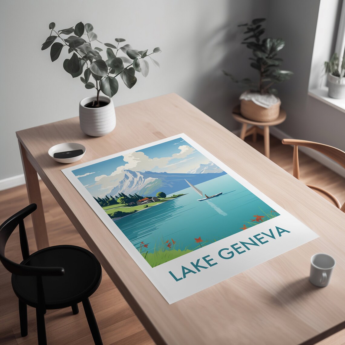 Lake Geneva Switzerland Sailing Alpine Lake Travel Art Poster - Image 2