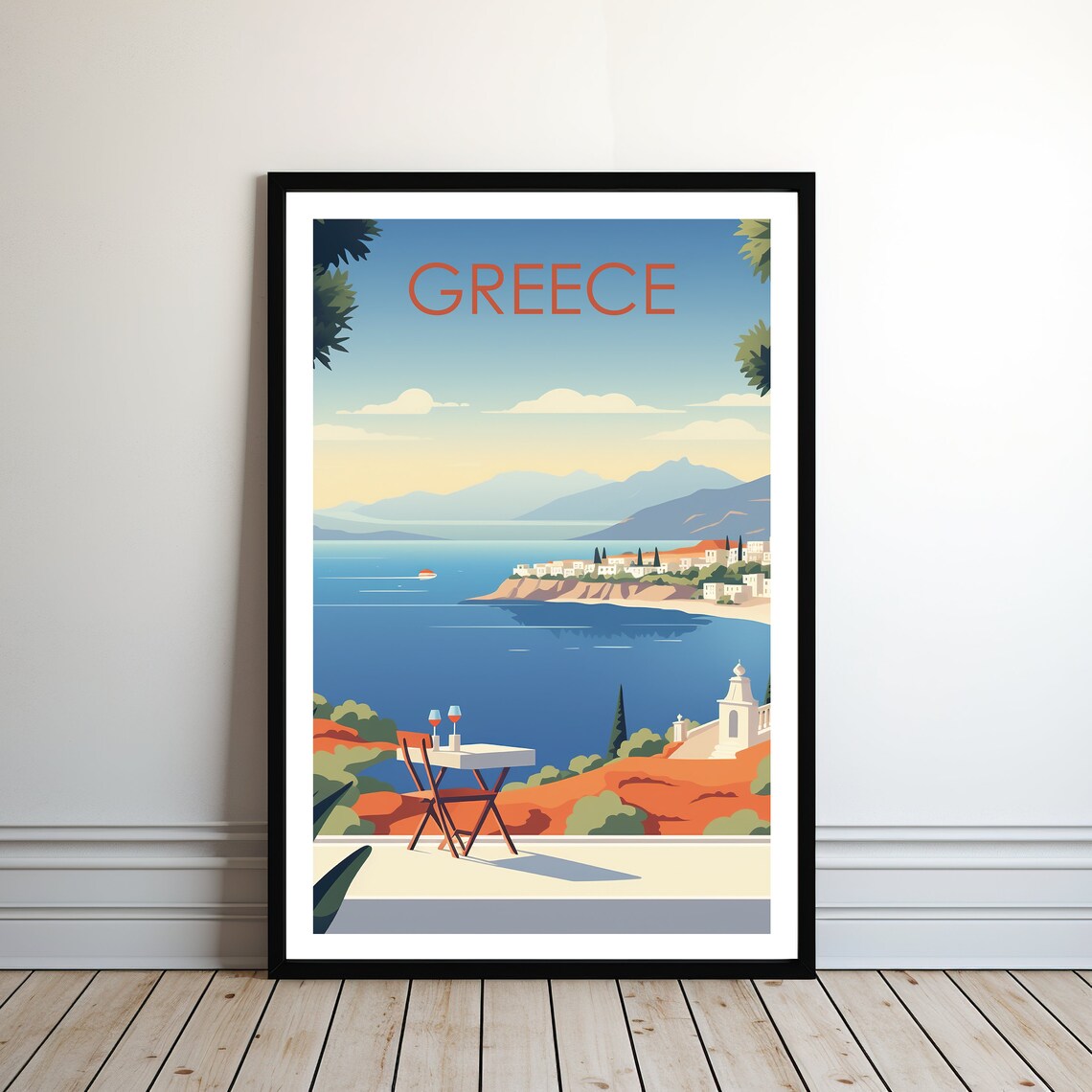 Greece Blue Aegean Coast Terrace Wine Sea View Travel Art Poster