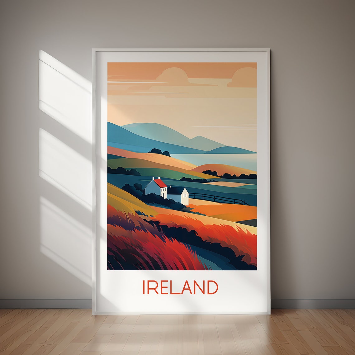 Ireland Rolling Hills White Cottage Autumn Fields Travel Poster