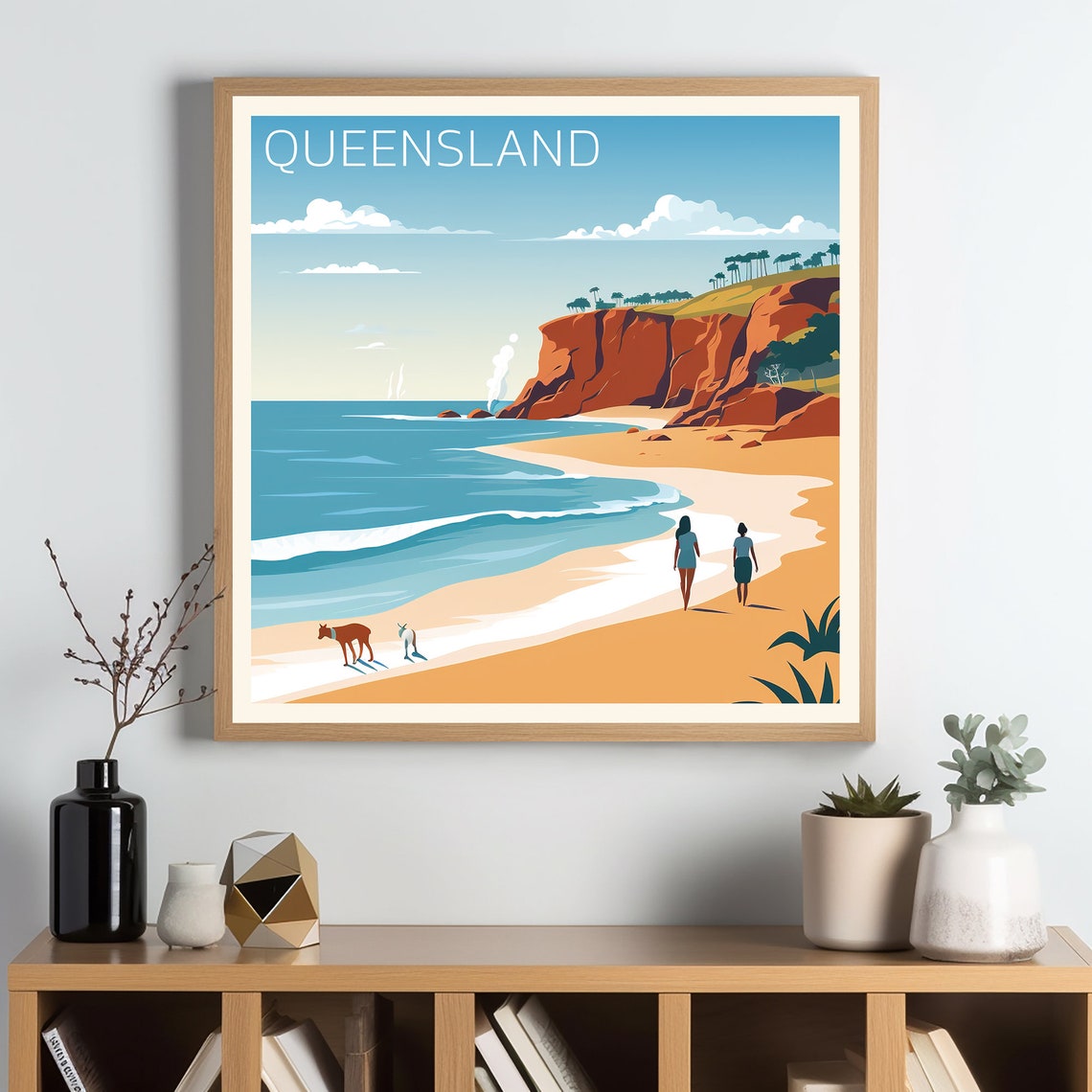 Queensland Australia Beach Red Cliffs Kangaroos Ocean Travel Poster