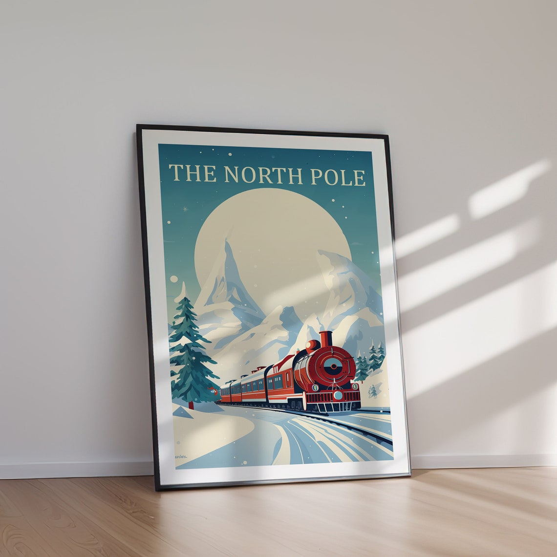 The North Pole Red Steam Train Snowy Mountains Moon Winter Poster - Image 2
