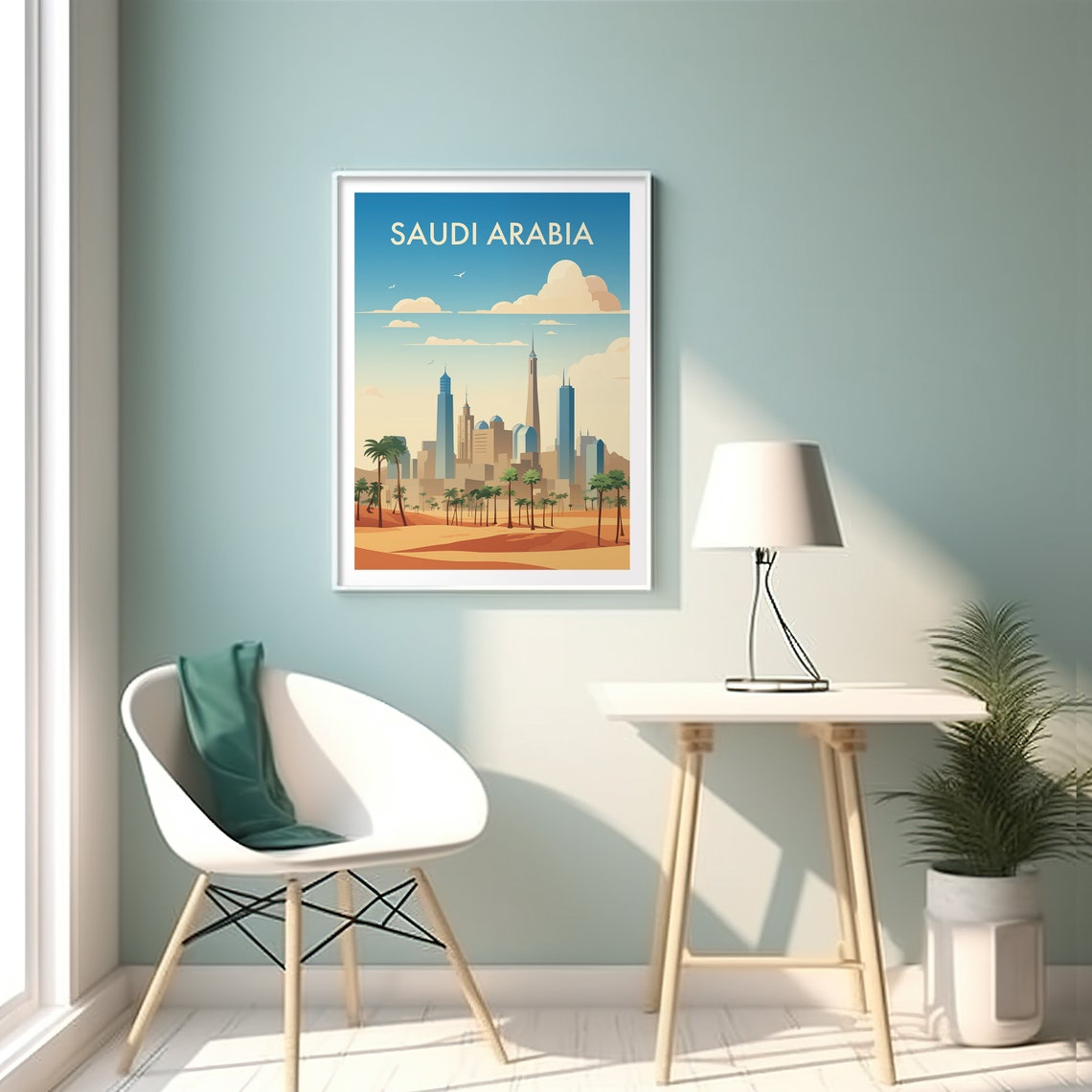 Saudi Arabia Golden Desert Skyline Sunset Palm Retro Travel Poster