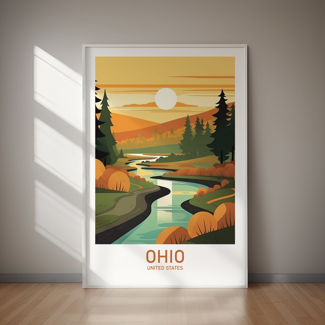 Ohio Scenic Golden Forest River Sunset Retro Vintage Travel Poster