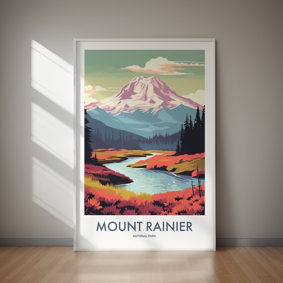 Mount Rainier National Park Vintage Volcano Meadow River Poster