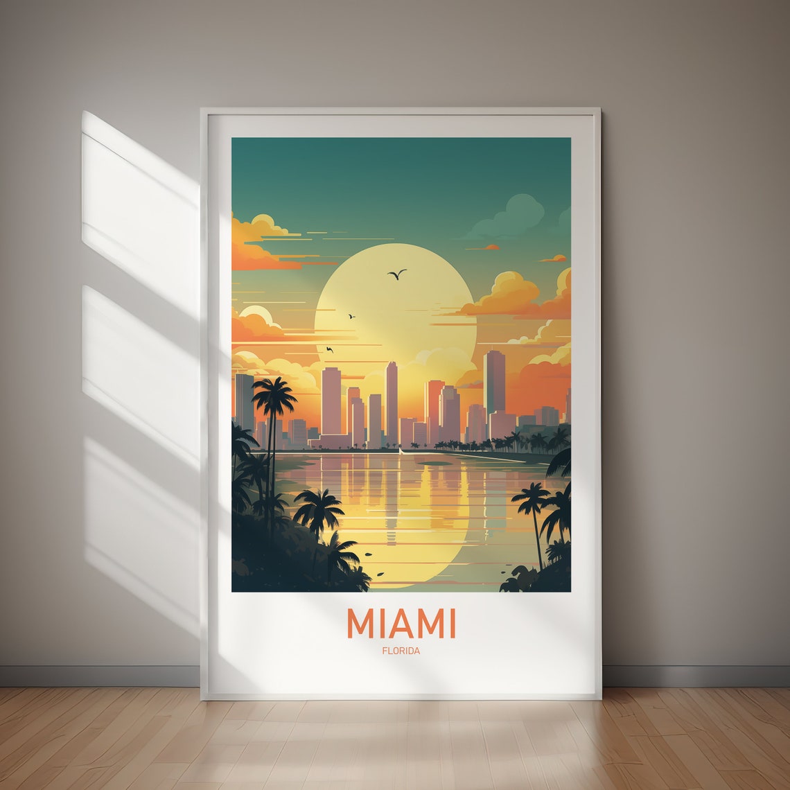 Miami Florida Sunset Skyline Palm Trees Retro Travel Poster Artwork