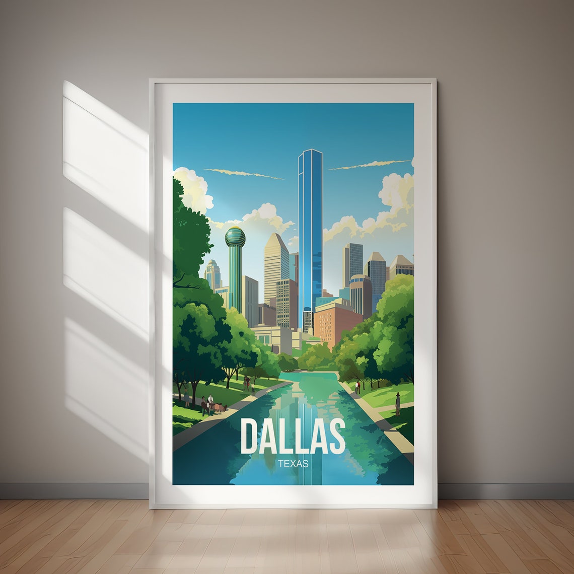 Dallas Texas Skyline Park Canal Retro Travel Poster Green Artwork