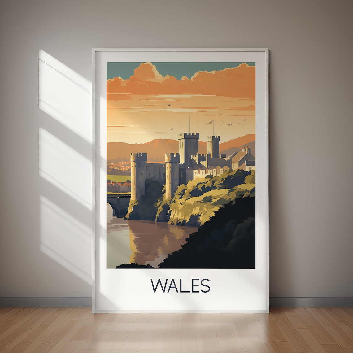Wales Castle River Sunset Medieval Golden Hour Vintage Travel Poster