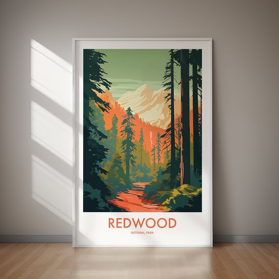 Redwood National Park Vintage Forest Trail Snowy Peak Trees Poster