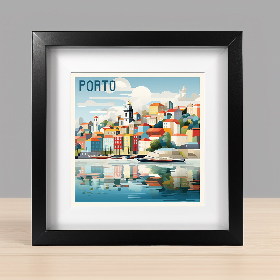 Porto Portugal Hillside Riverfront Colorful Houses Boats Travel Poster
