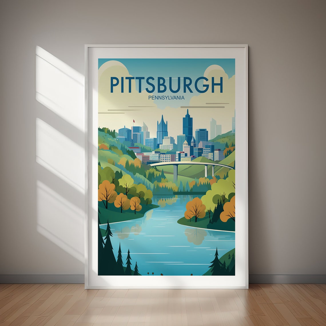 Pittsburgh Pennsylvania Bridge River Hills Skyline Travel Poster