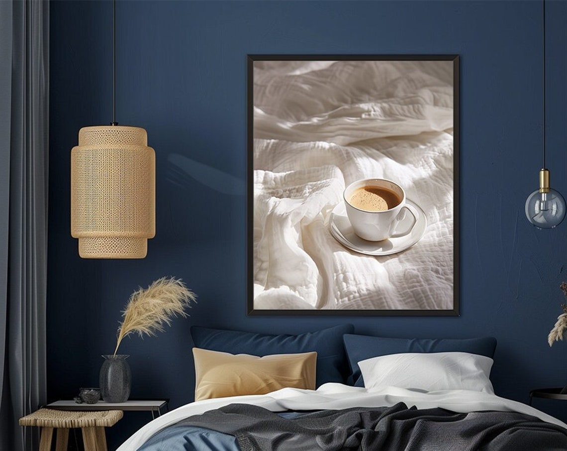 Morning Coffee Cup Resting On Sunlit White Bedding Bedroom Poster