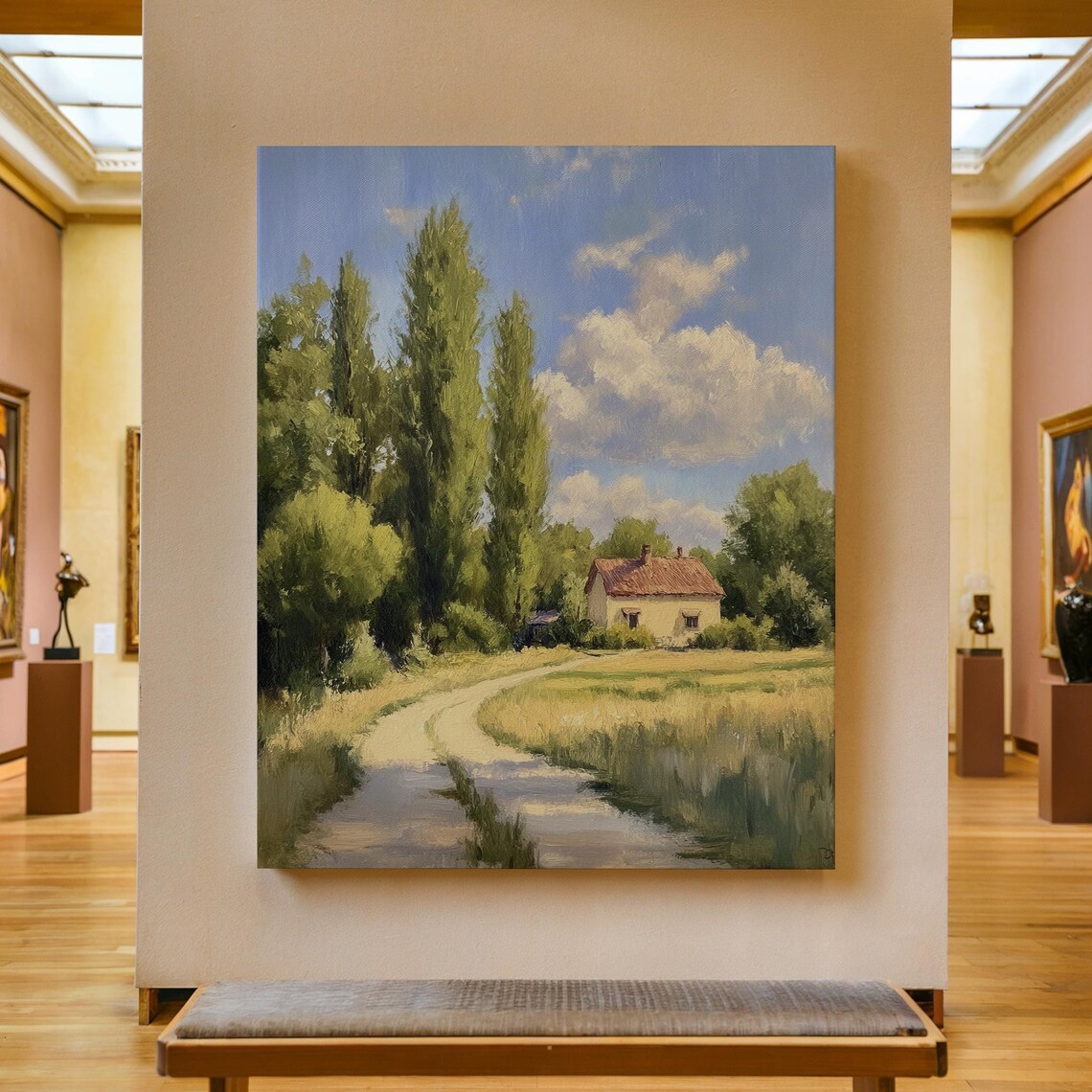 Sunny Country Lane Poster with Cottage and Tall Poplar Trees Scene