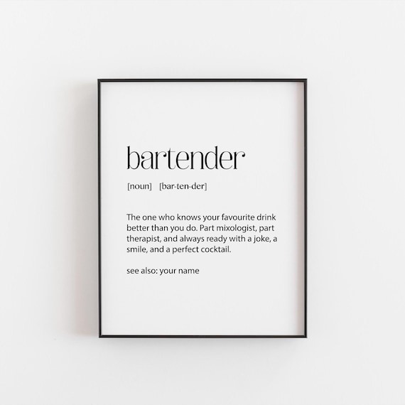 Personalised Bartender Definition Art Print, Custom Bar Decor