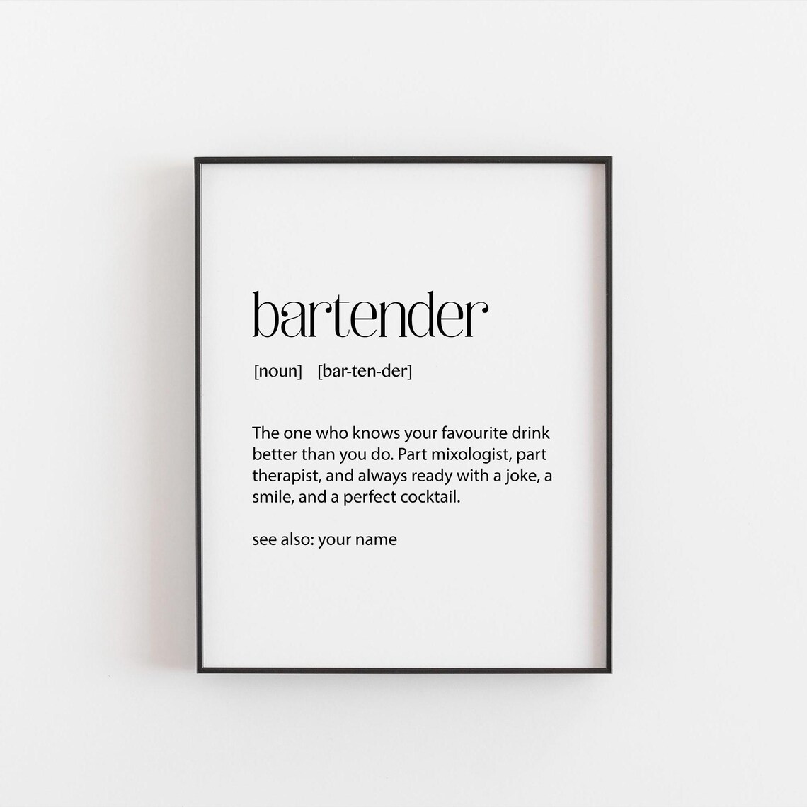 Personalised Bartender Definition Art Print, Custom Bar Decor