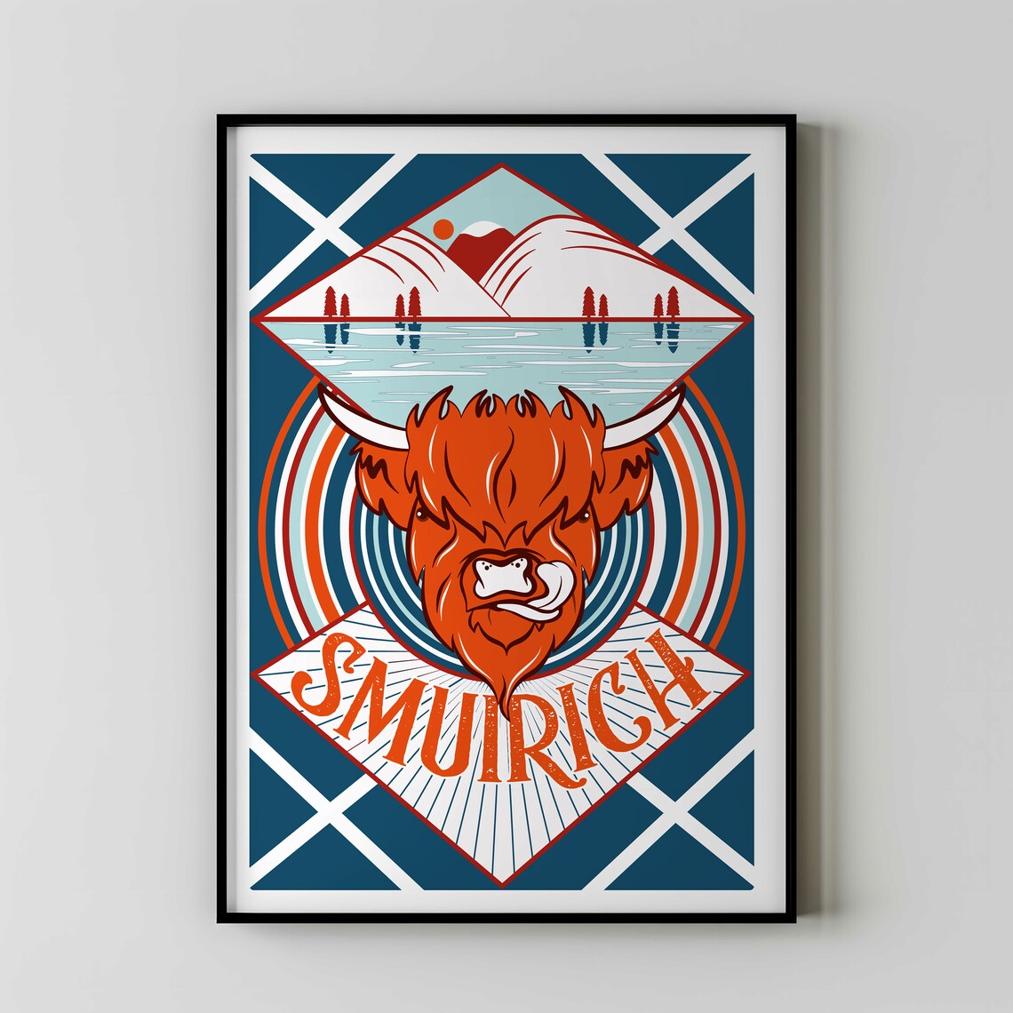 Smuirich Scottish Highland Cow Mountain Loch Vintage Art Poster