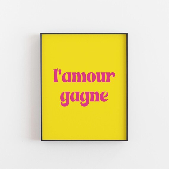 Lamour Gagne Wall Art French Quote Print A4 8x10 Love Wins Poster Bright Pink Yellow Retro Decor Pop Gift For Her France