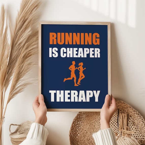Running Is Cheaper Than Therapy Funny Runner Quote Navy Orange Poster