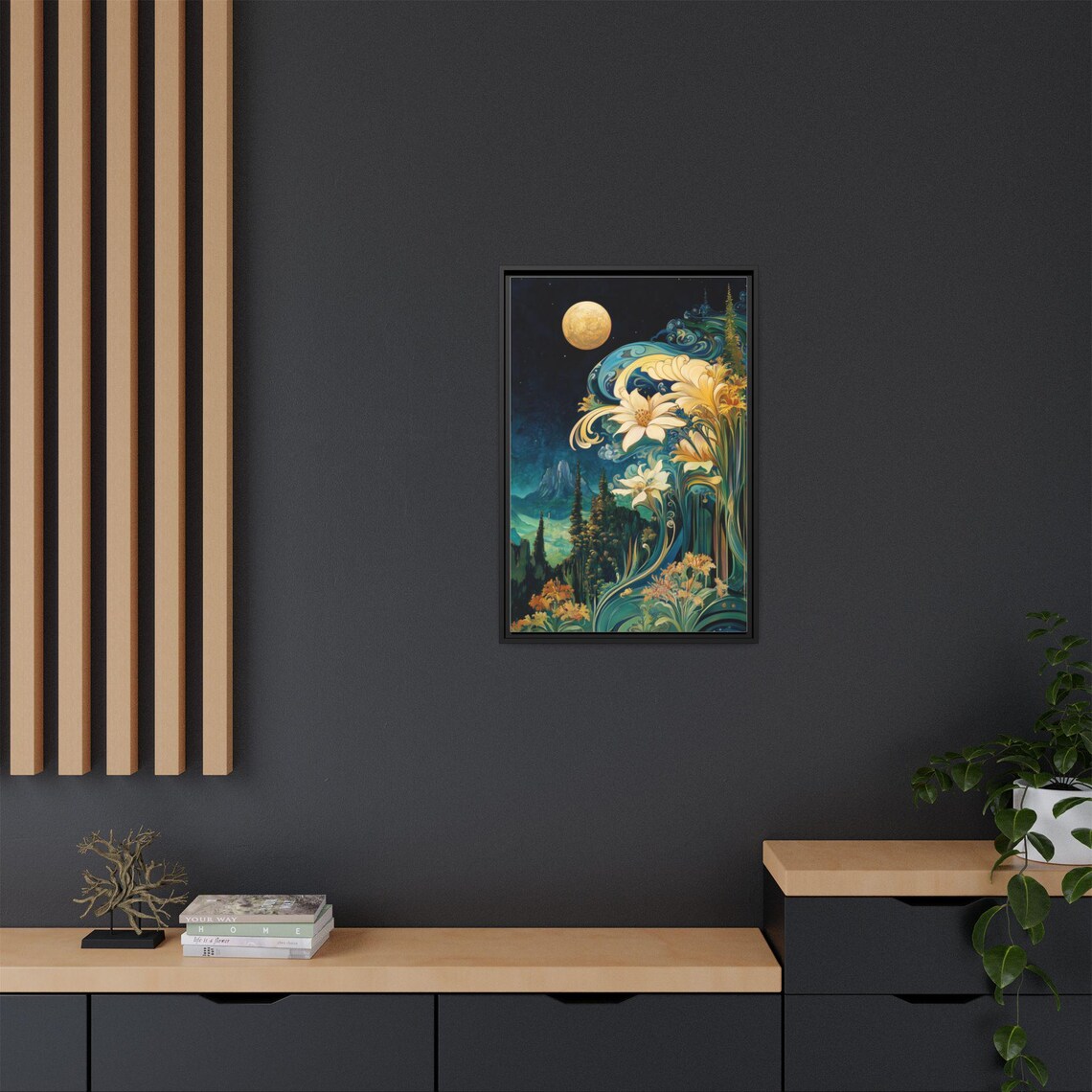 Floral Moon Night Garden Art Nouveau Flowers Surreal Style Poster - Image 2