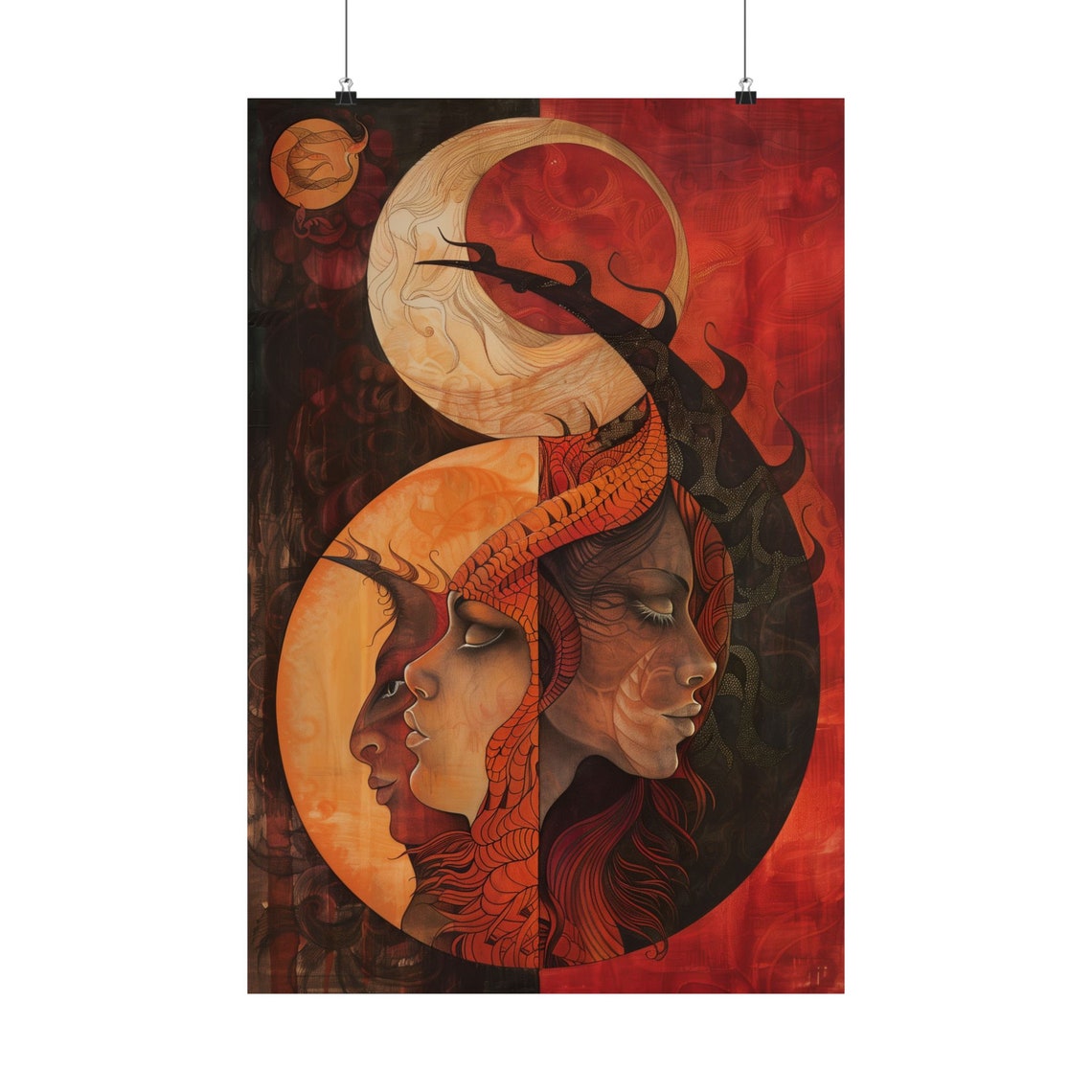 Three Intertwined Minds Surreal Faces Dark Abstract Art Poster