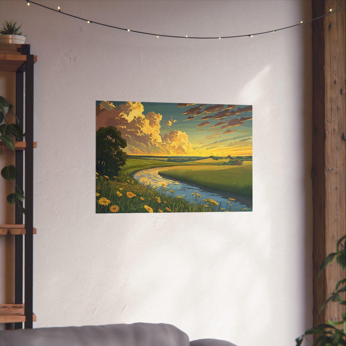 Golden River Sunset Wildflower Meadow Peaceful Landscape Poster - Image 4